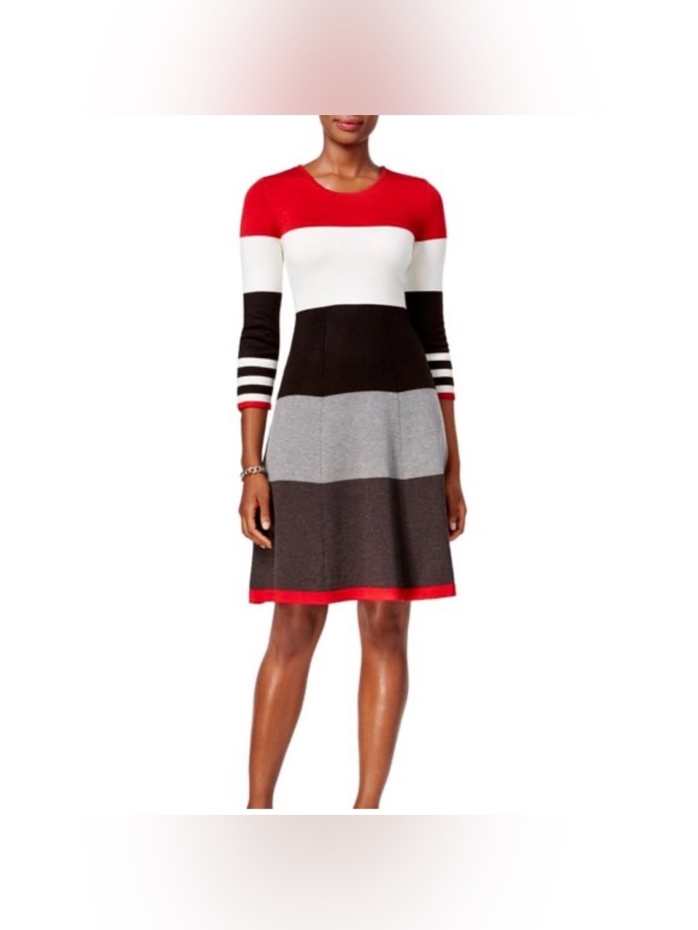 Jessica Red, White, Black & Gray Striped Fit-and-Flare Dress